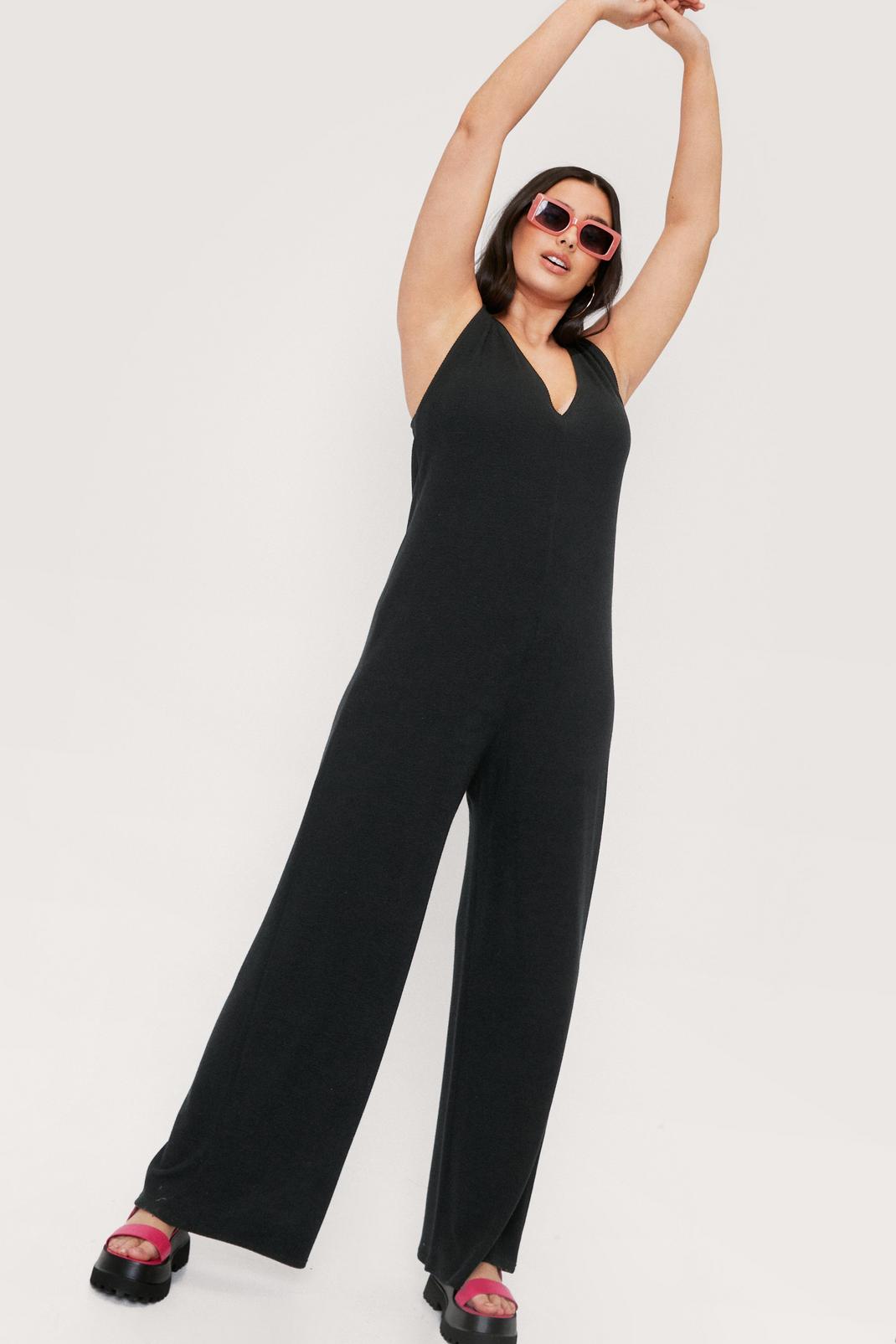 Black Plus Size Ribbed Slouchy Wide Leg Jumpsuit image number 1