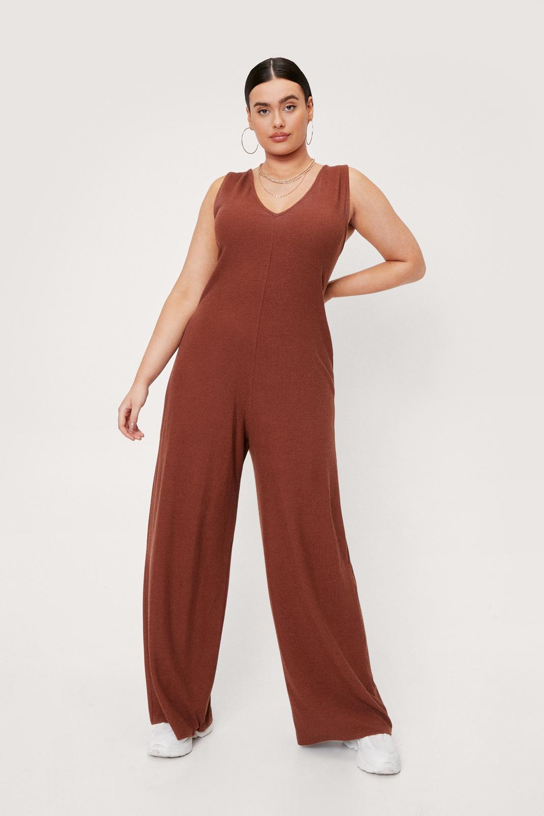 Chocolate Plus Size Ribbed Slouchy Wide Leg Jumpsuit image number 1