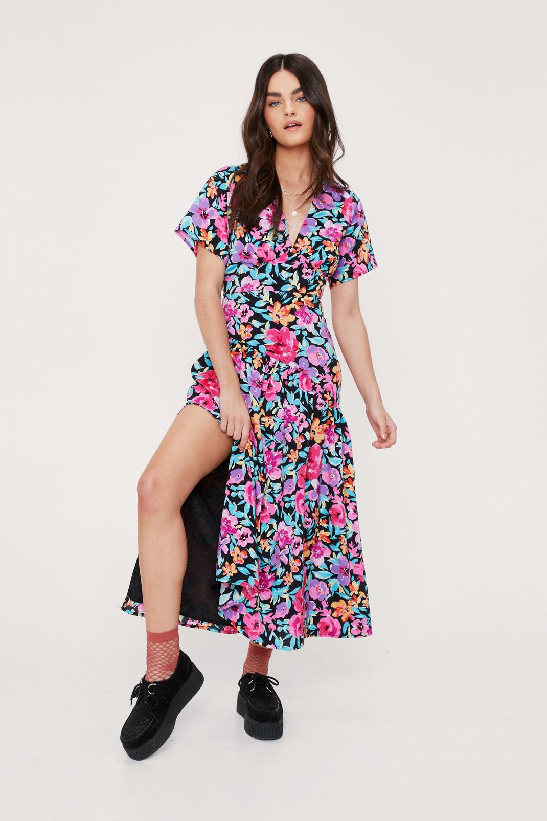 Floral Print Short Sleeve Midi Dress | Nasty Gal
