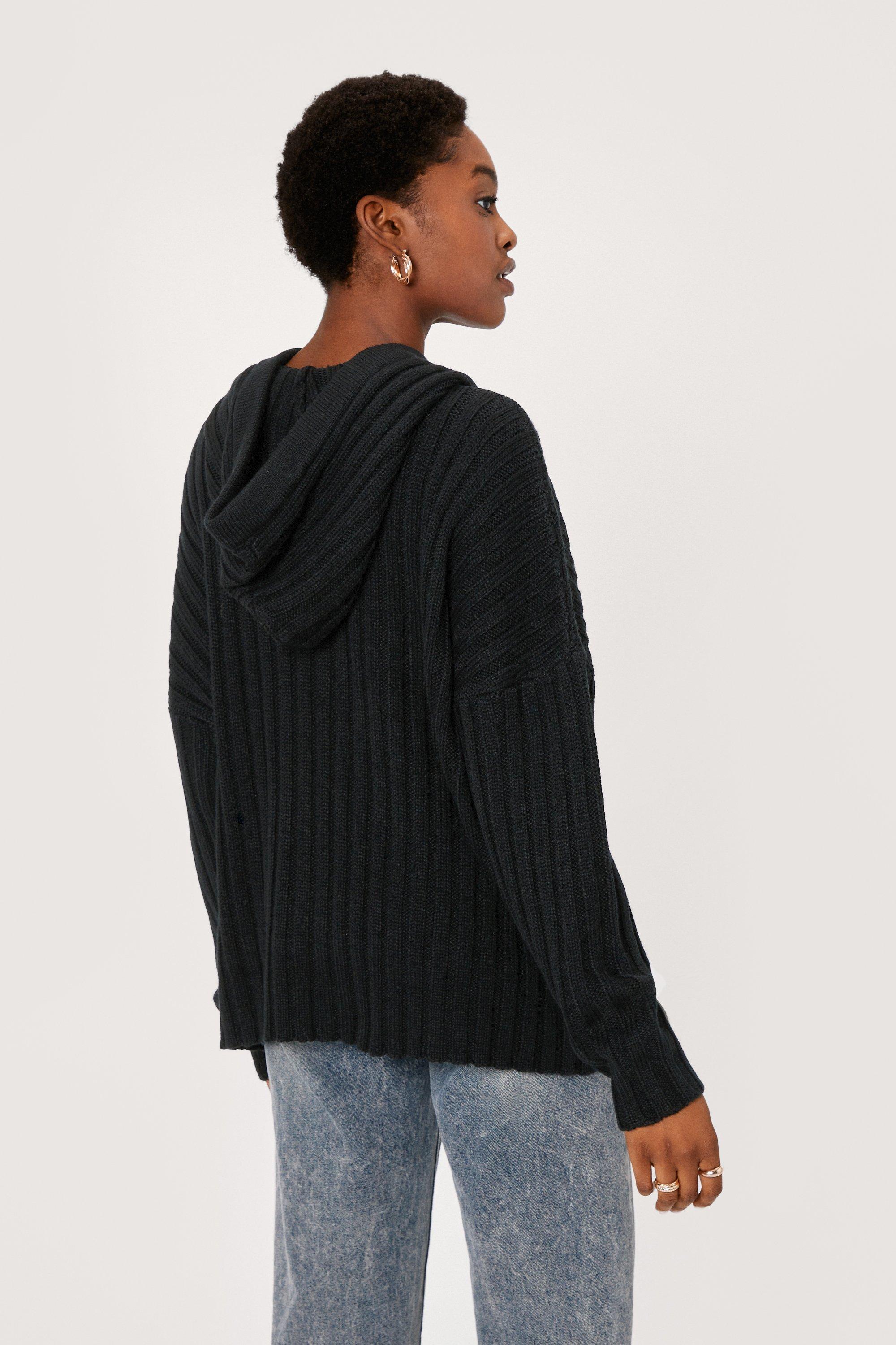 Wide Ribbed Knitted Hooded Jumper