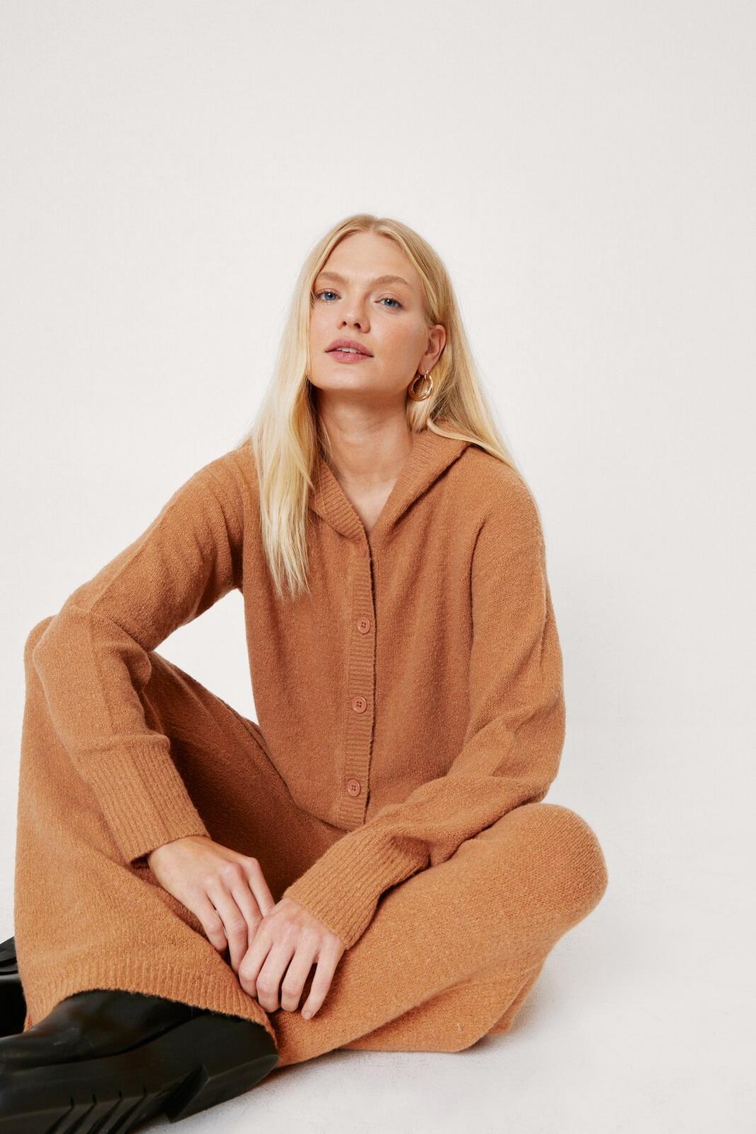 Camel Hooded Knit Cardigan and Two Piece Pants Set image number 1