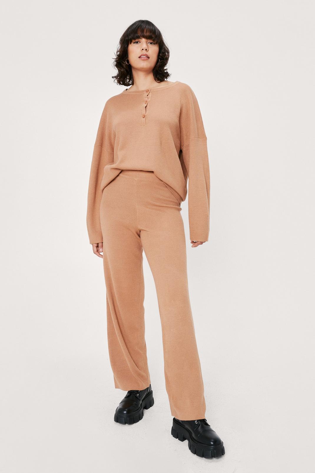 Tan Knitted Button Down Jumper and Wide Leg Trousers Set image number 1
