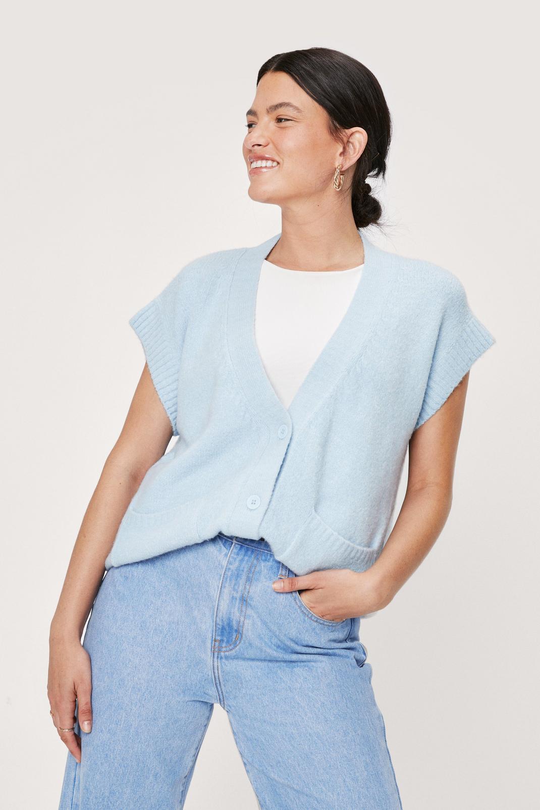 Ice blue Pocket Button Down Sleeveless Cardigan image number 1