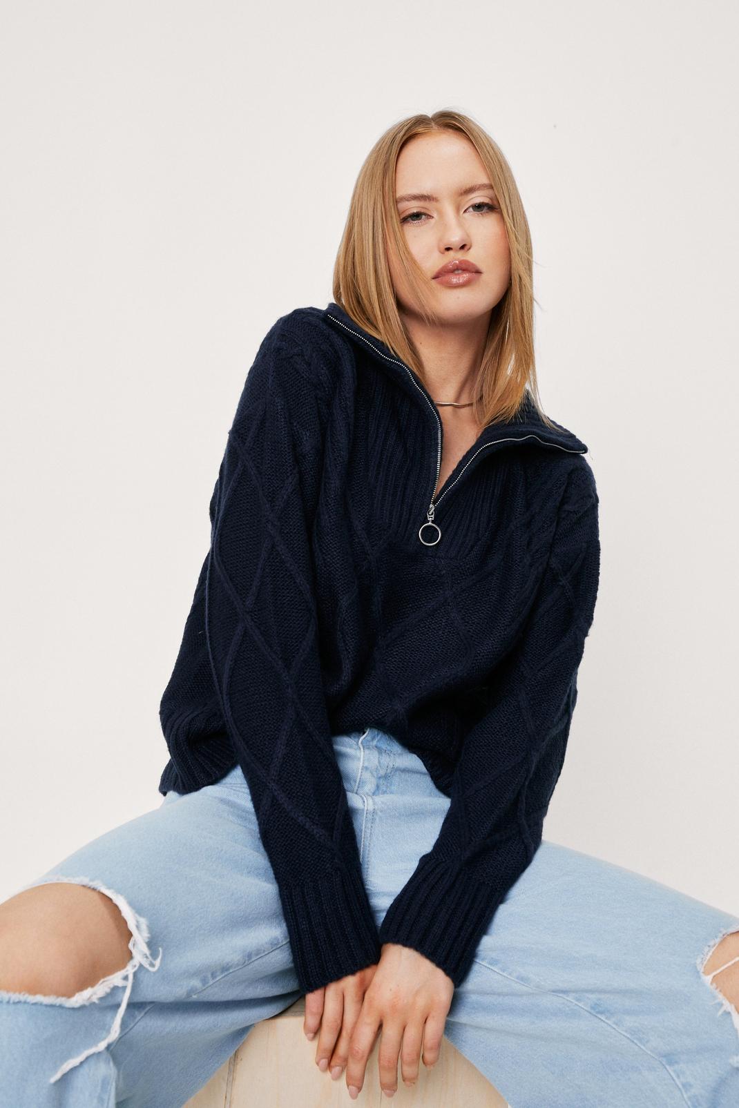 Navy Zip Neck Cable Oversized Jumper image number 1