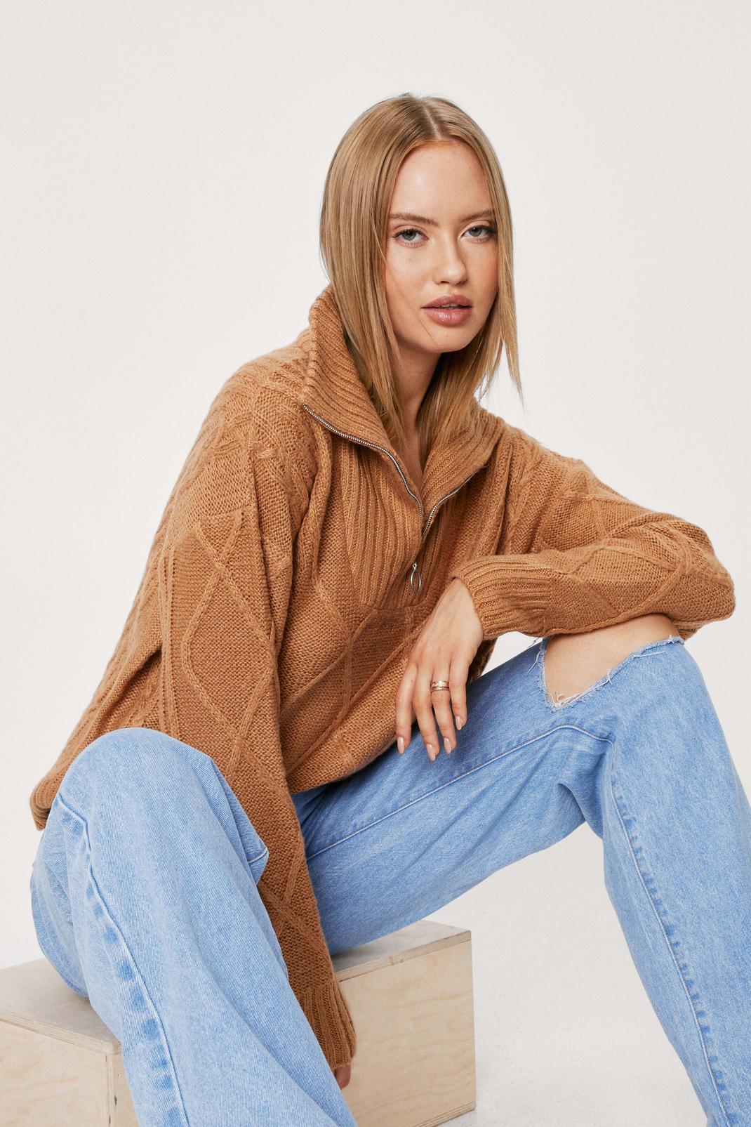 Tan Zip Neck Cable Oversized Jumper image number 1