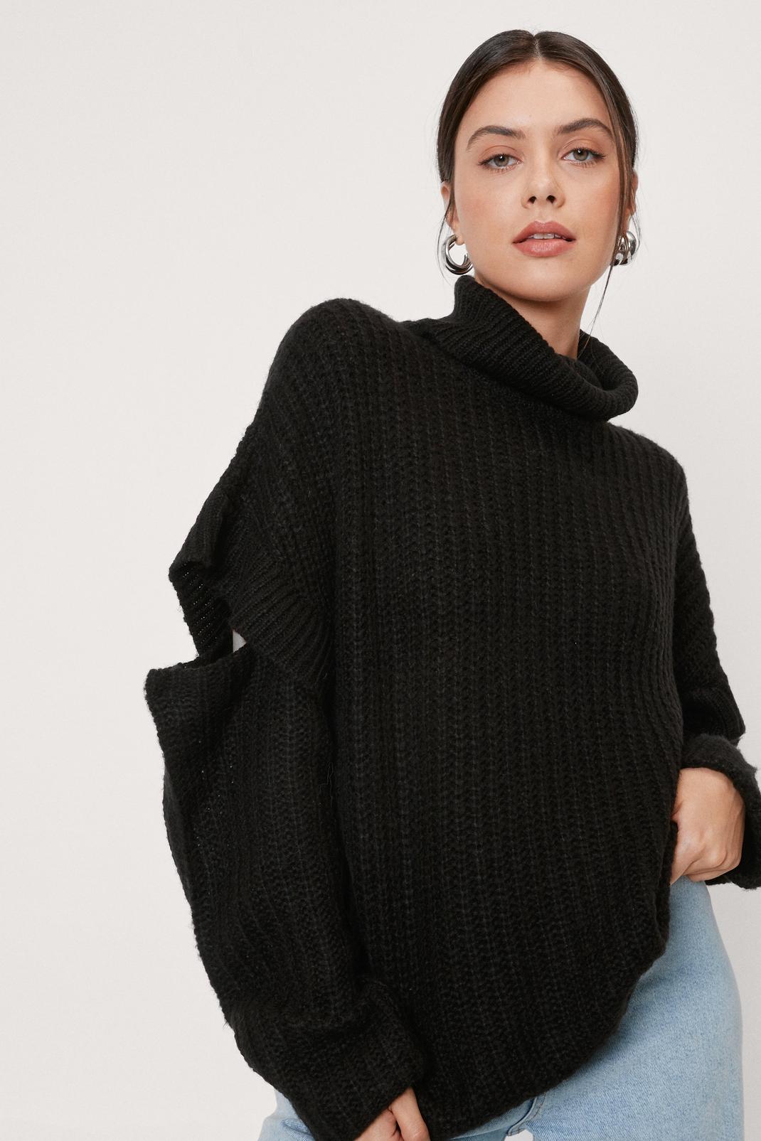 Black Knitted Turtleneck Cut Out Sleeve Sweater image number 1