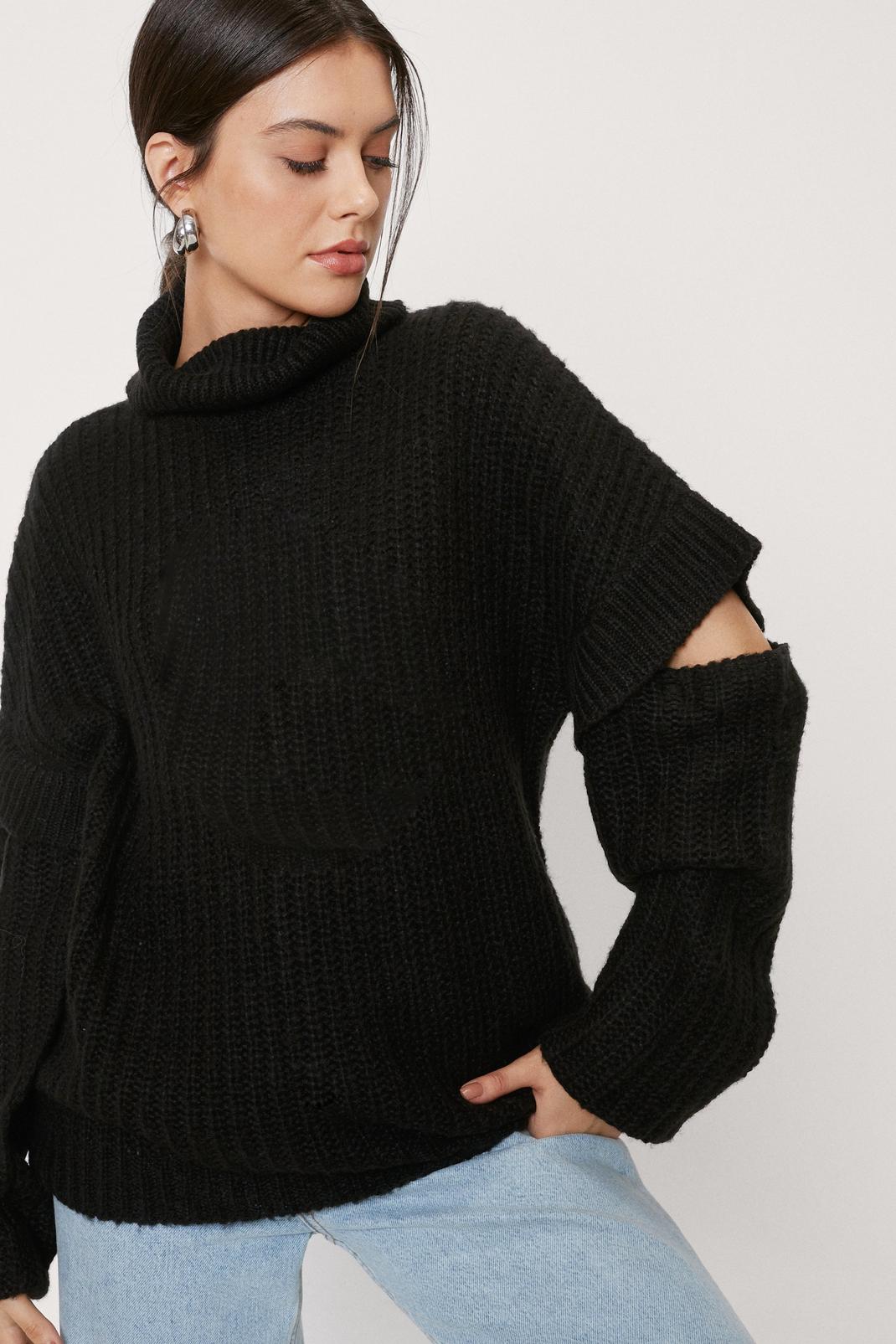 105 Knitted Turtleneck Cut Out Sleeve Sweater image number 2