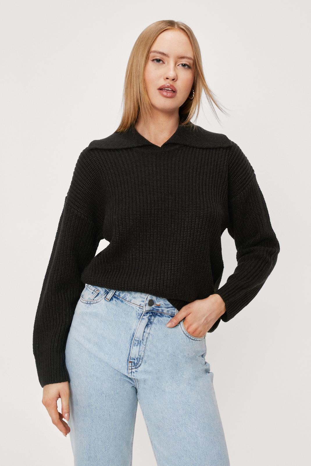 Black Ribbed Knitted Oversized Collar Sweater image number 1