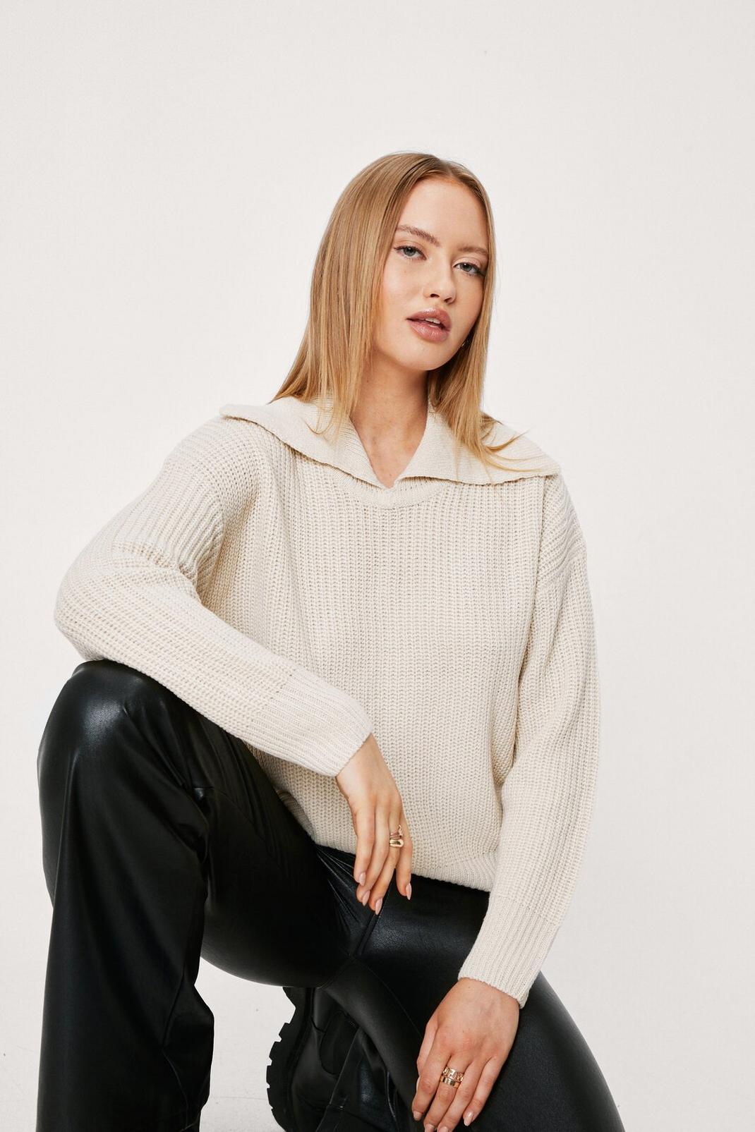 Oatmeal Ribbed Knitted Oversized Collar Jumper image number 1