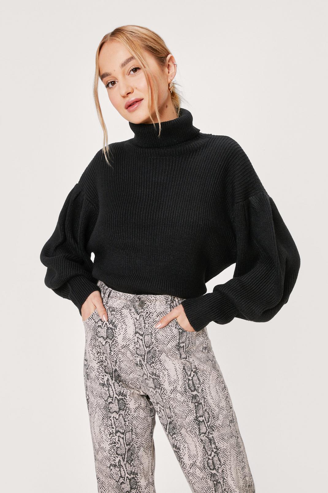 Black Roll Neck Puff Sleeve Deep Cuff Sweater image number 1