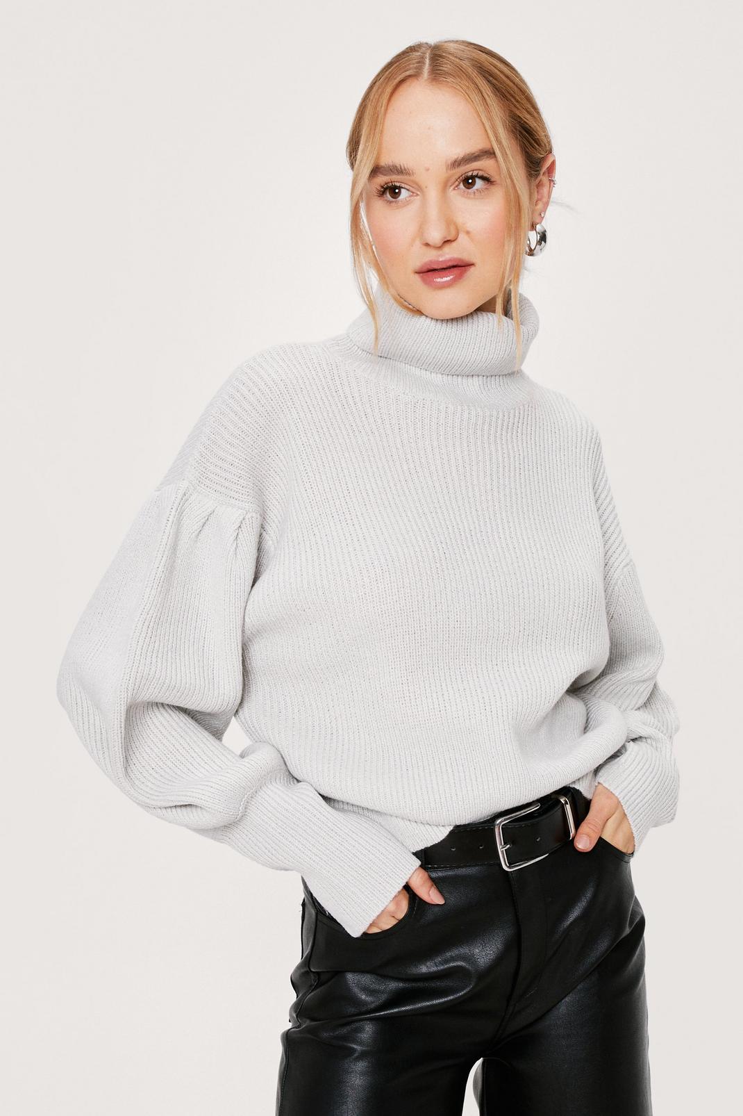 Silver grey Roll Neck Puff Sleeve Deep Cuff Jumper image number 1