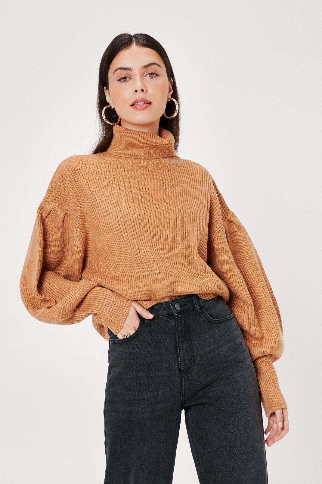 Tan Roll Neck Puff Sleeve Deep Cuff Sweater image number 1