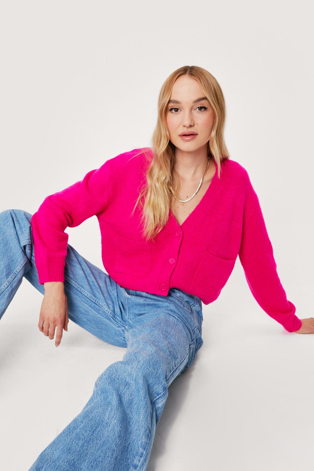 Fuchsia Pocket Detail Button Down Cropped Knit Cardigan image number 1