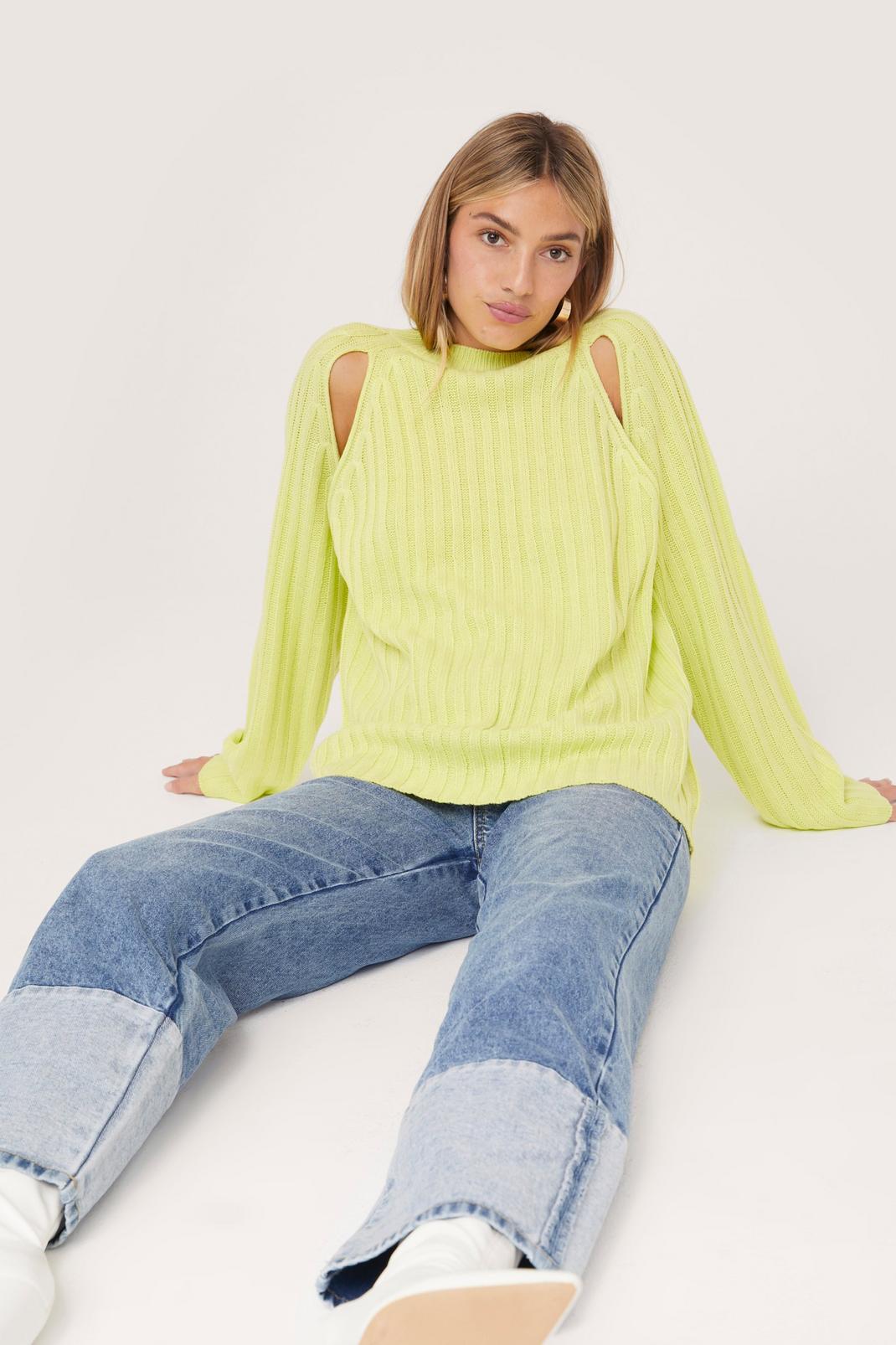 Lime Cut Out Ribbed Crew Neck Jumper image number 1