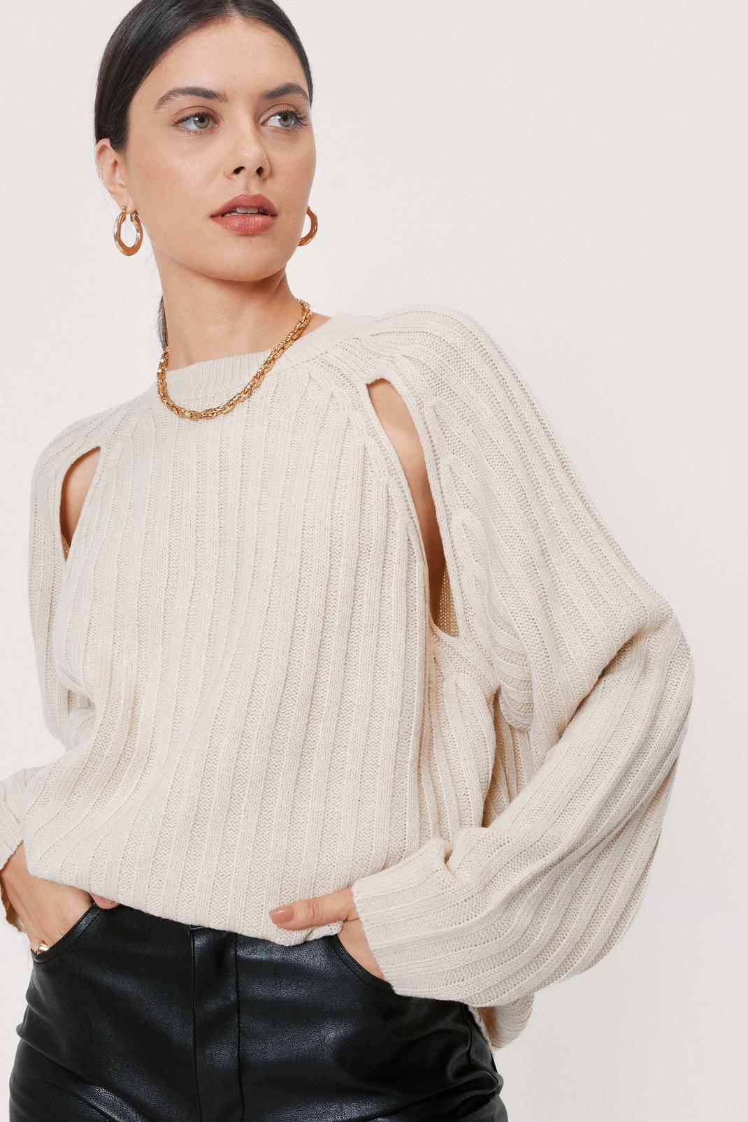 Oatmeal Cut Out Ribbed Crew Neck Sweater image number 1