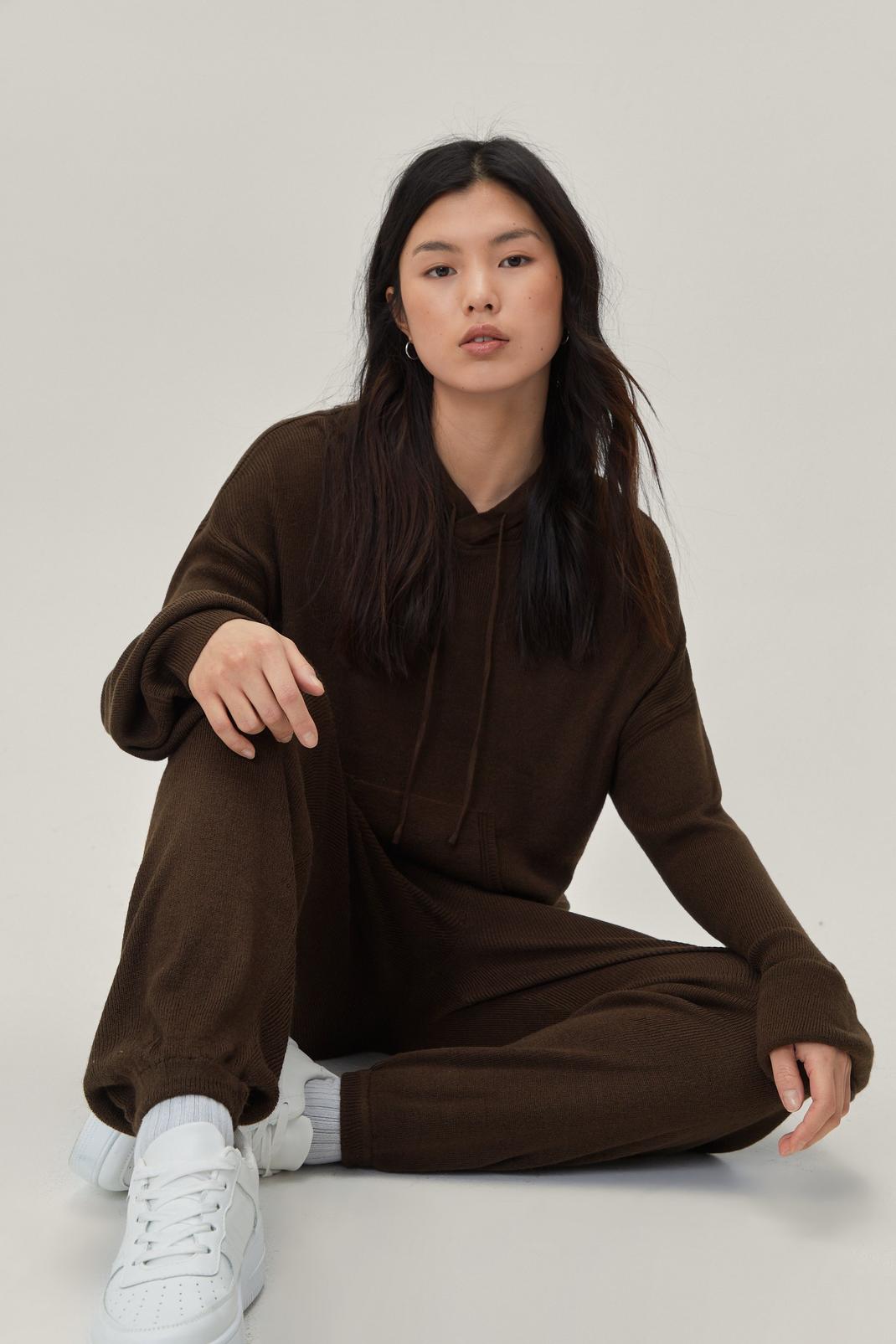 Chocolate Knitted Slouchy Hoodie and Sweatpants Set image number 1