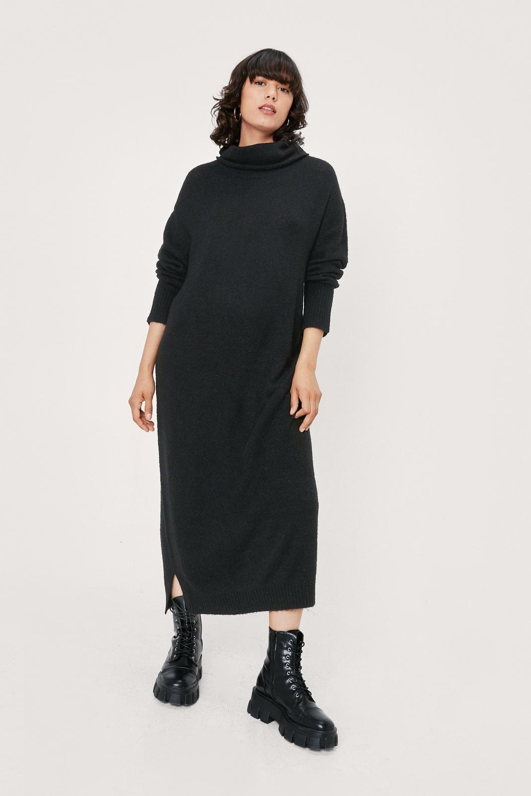 Black Roll Neck Midi Knitted Sweater Dress image number 1