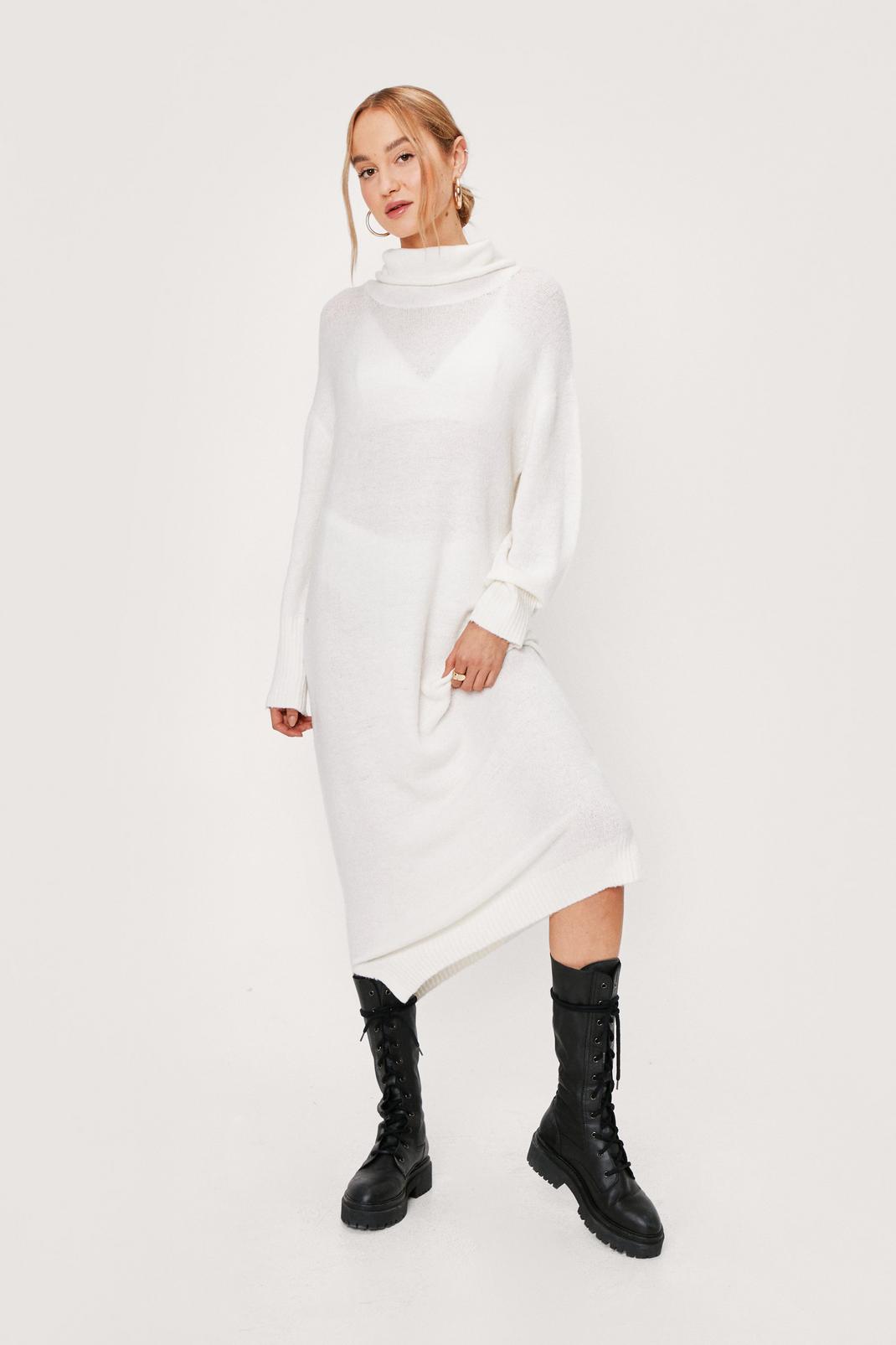 Ivory Roll Neck Midi Knitted Sweater Dress image number 1
