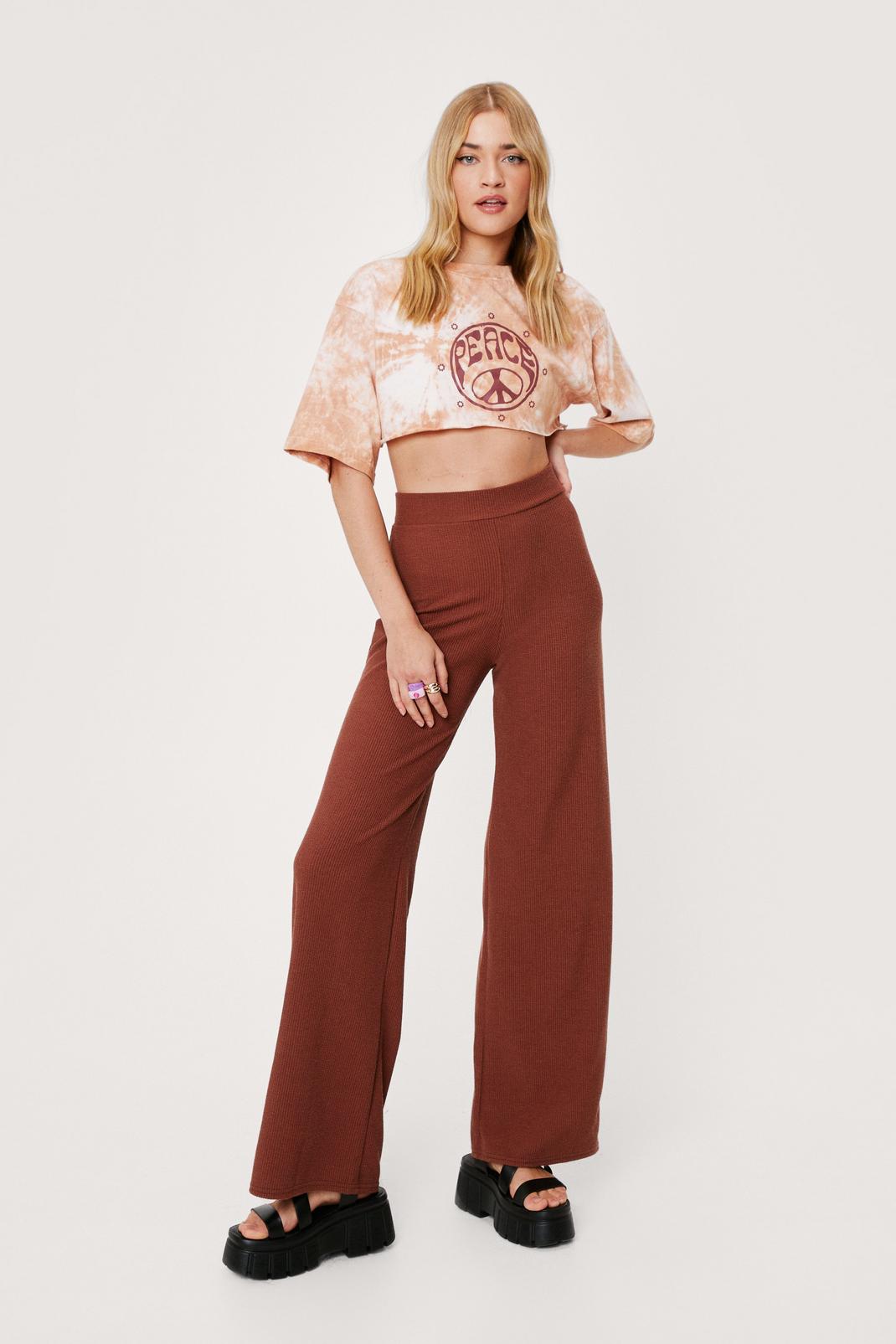 Chocolate Ribbed High Waisted Wide Leg Pants image number 1