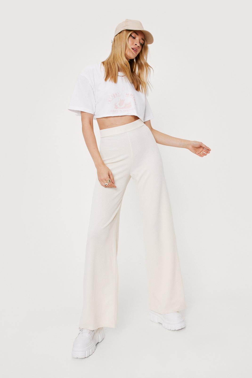 Ecru Ribbed High Waisted Wide Leg Trousers image number 1