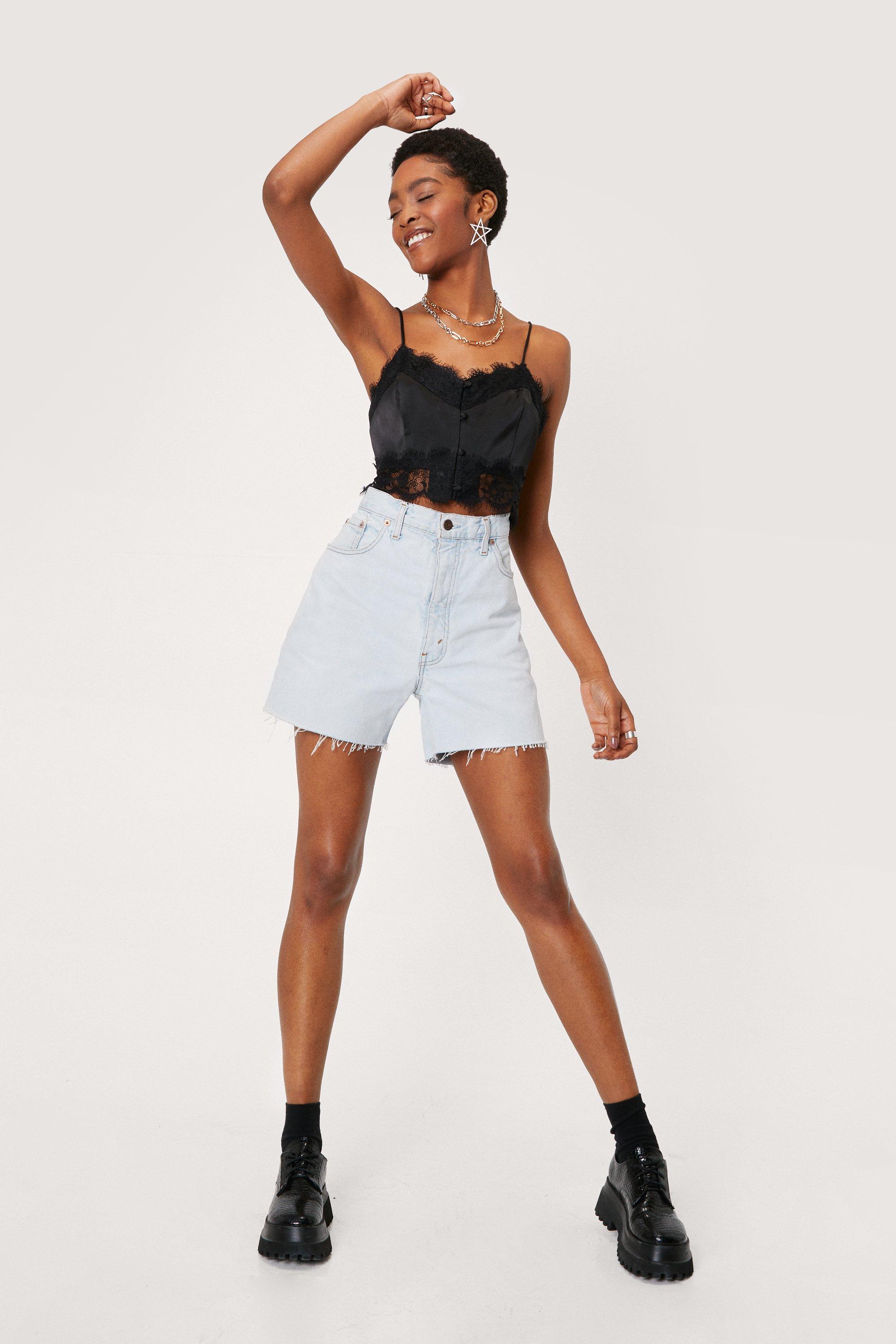 Satin Lace Trim Button Down Crop Top