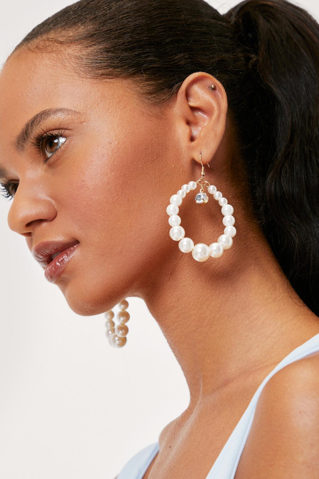 White Pearl Diamante Drop Earrings and Pouch image number 1