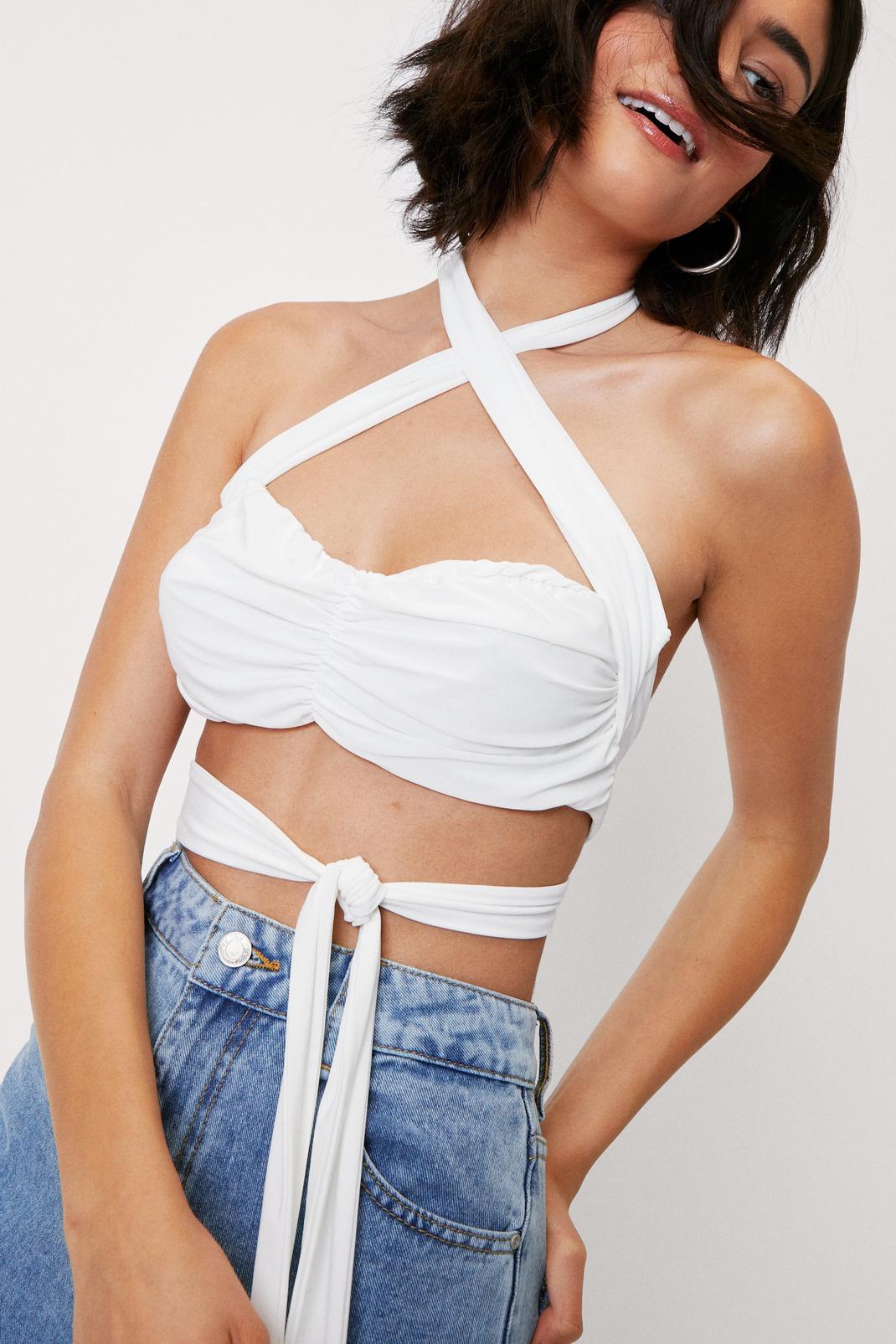 White Halter Wrap Crossover Double Slinky Crop Top image number 1