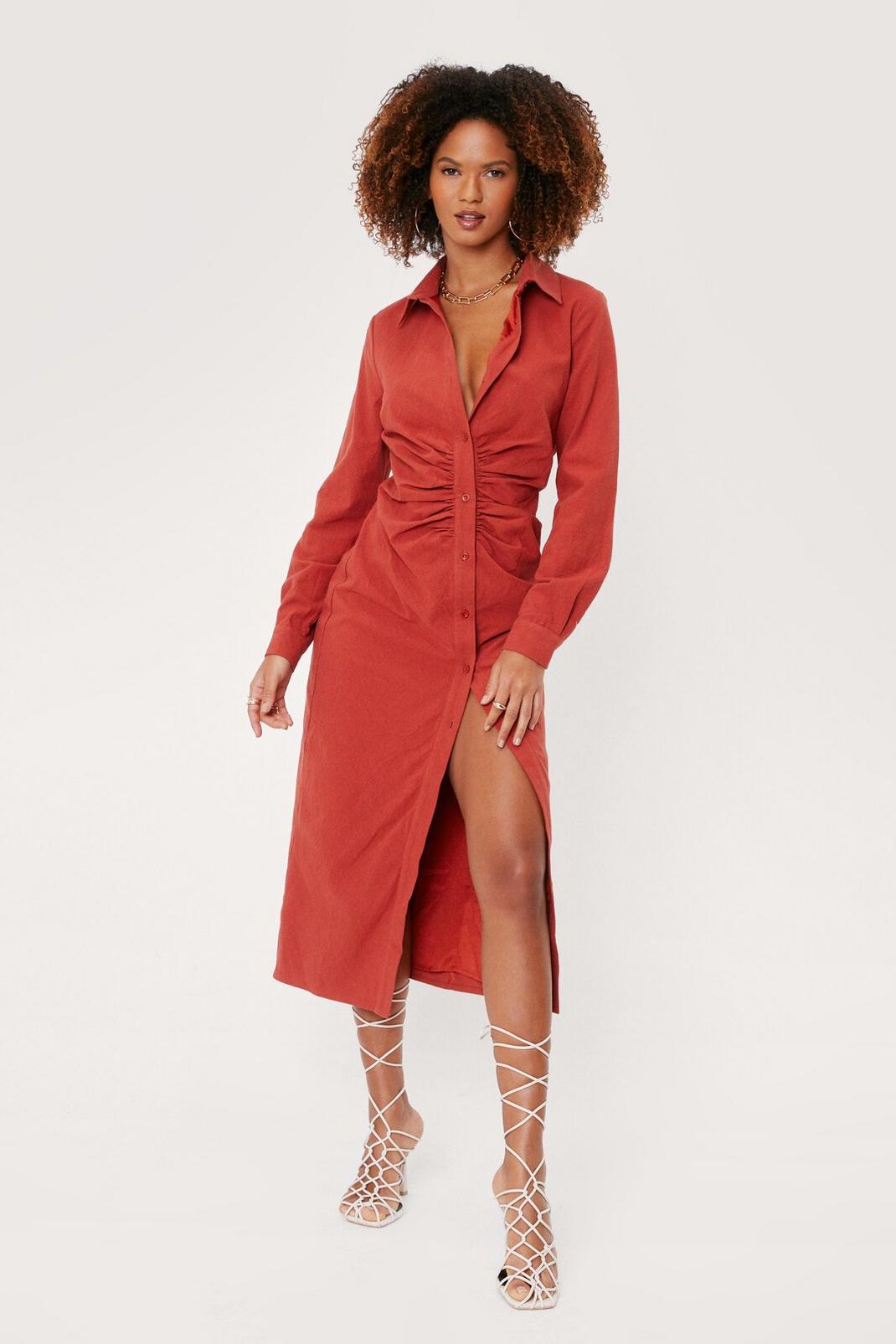 Rust Linen Look Ruched Midi Shirt Dress image number 1