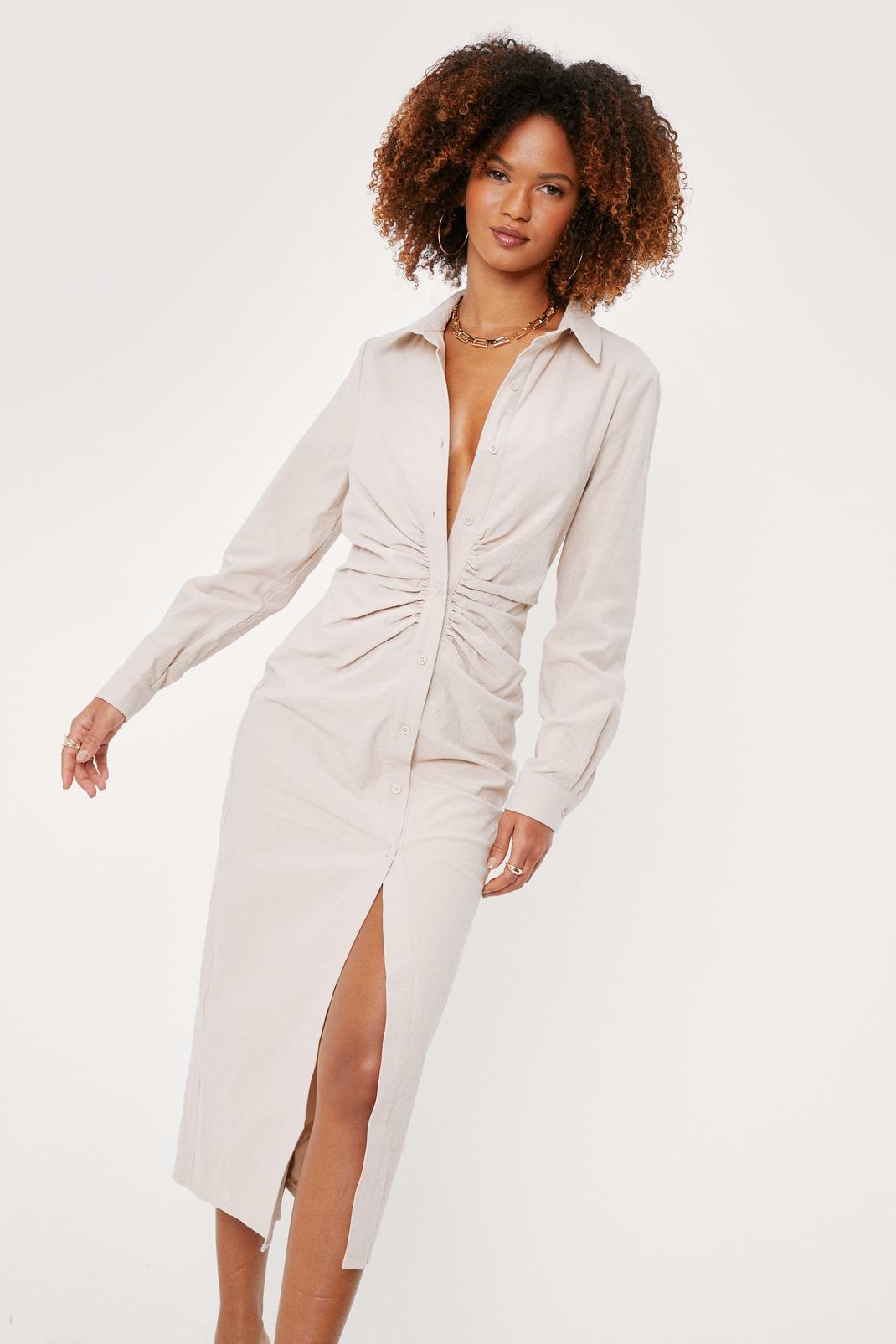Sand Linen Look Ruched Midi Shirt Dress image number 1