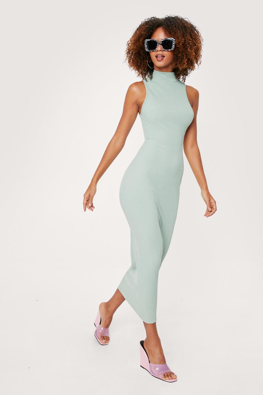 Sage High Neck Open Back Ribbed Bodycon Midi Dress image number 1