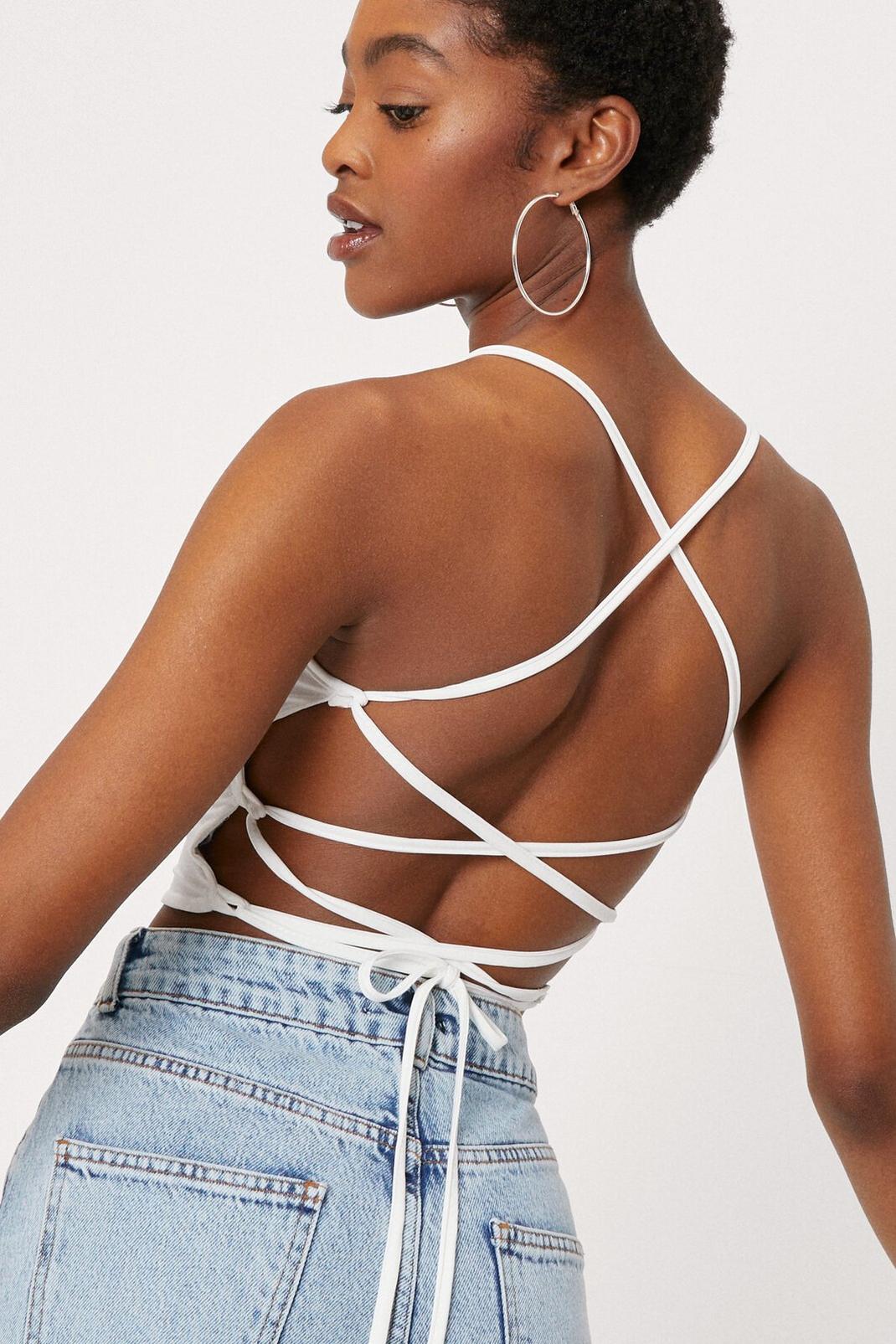 White Slinky Lace Up Tie Crop Top image number 1