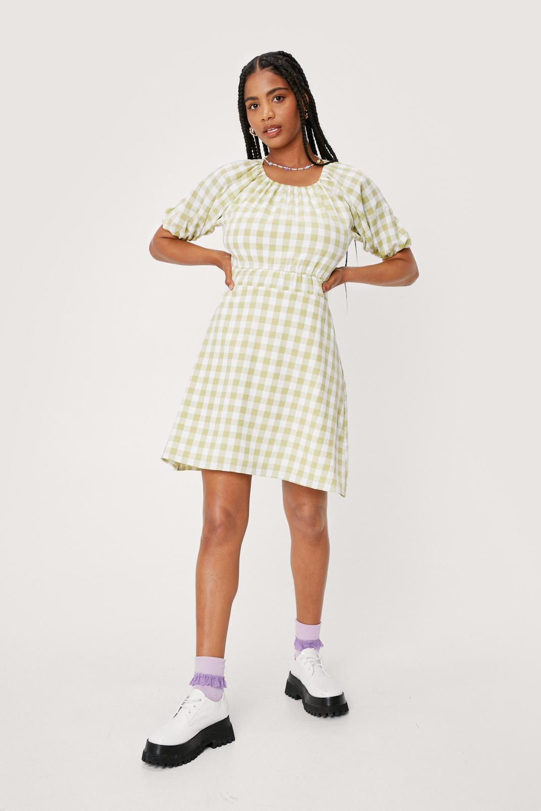 Green Checked Backless Puff Sleeve Mini Dress image number 1