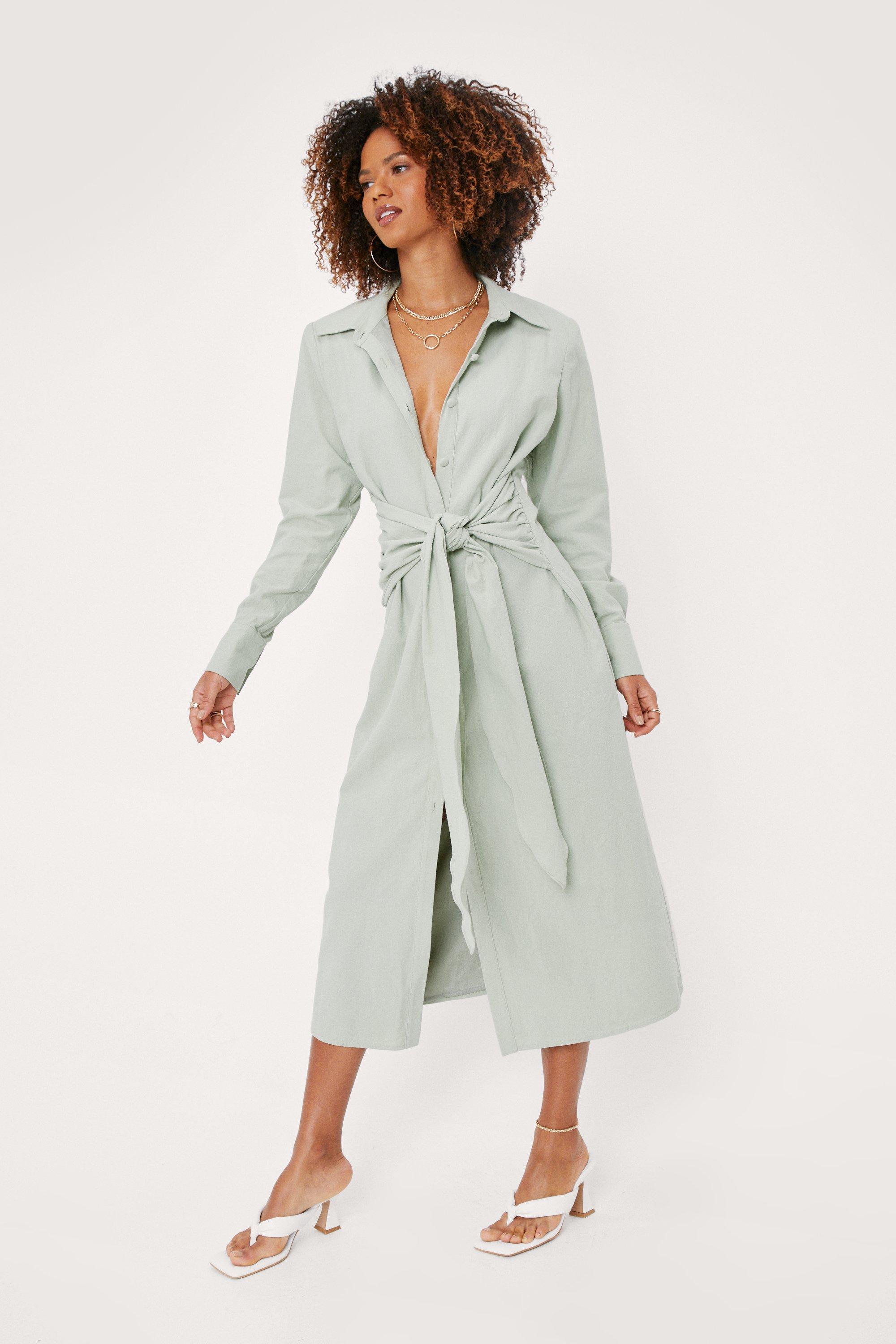 Linen Look Tie Front Midi Shirt Dress | Nasty Gal