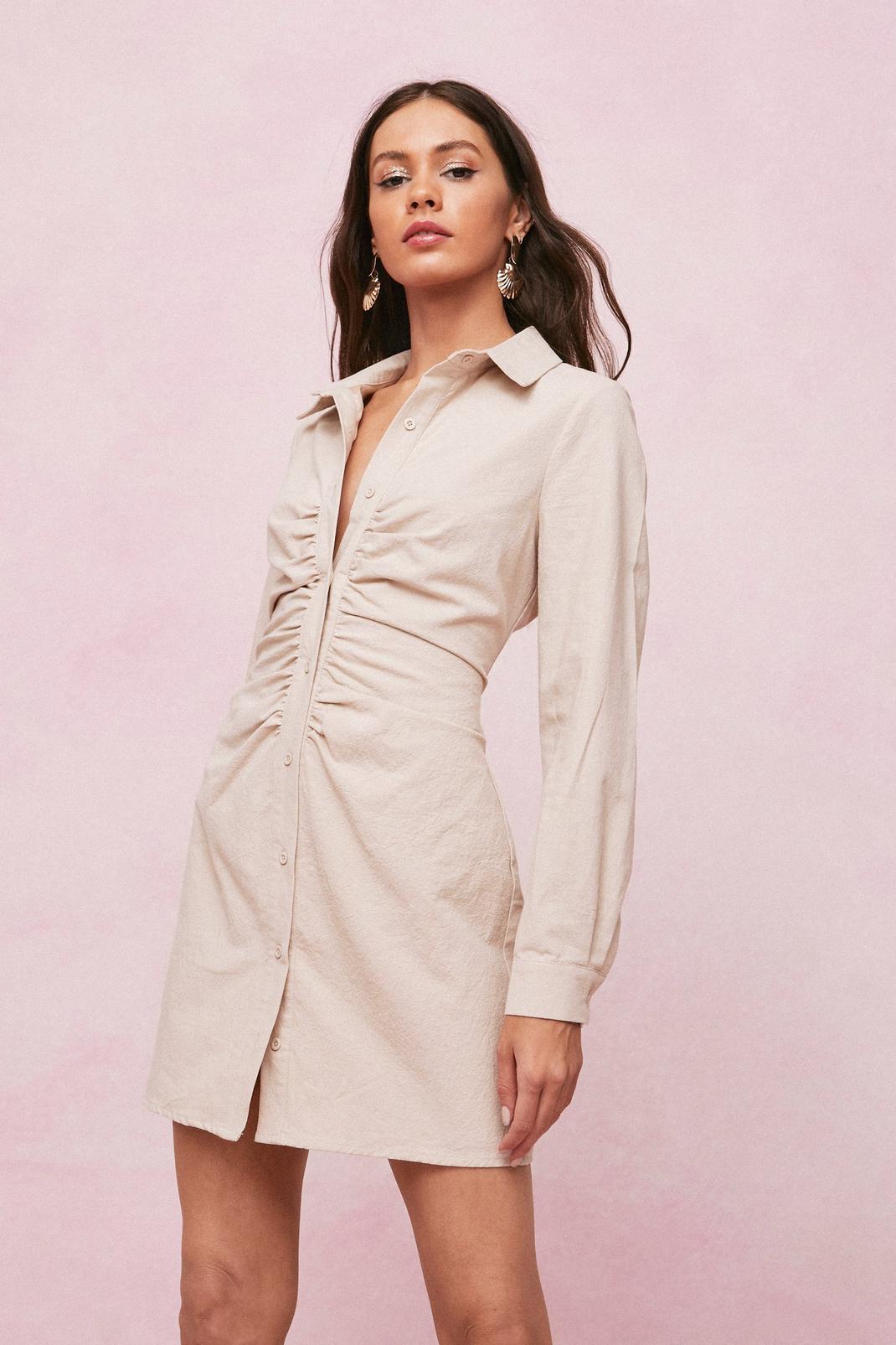 Sand Linen Look Ruched Front Mini Shirt Dress image number 1