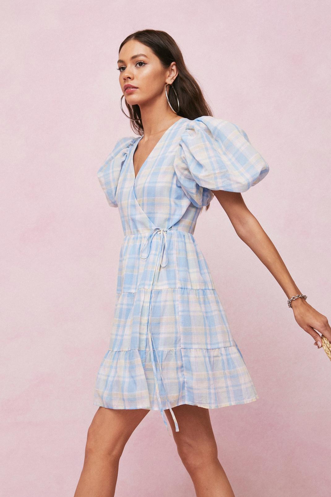 Blue Checked Puff Sleeve Wrap Mini Dress image number 1