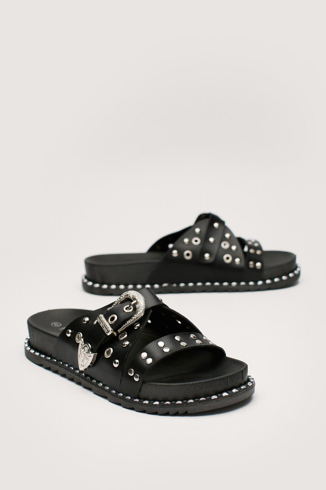 Black Faux Leather Western Studded Footbed Sandals image number 1