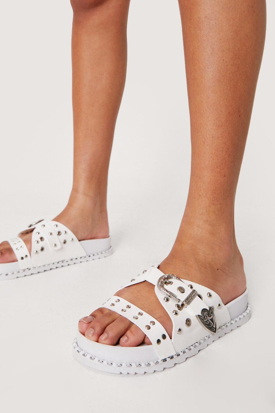 White Faux Leather Western Studded Footbed Sandals image number 1