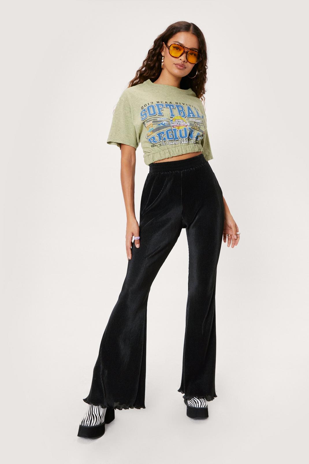 Black Petite Plisse High Waisted Flared Trousers image number 1