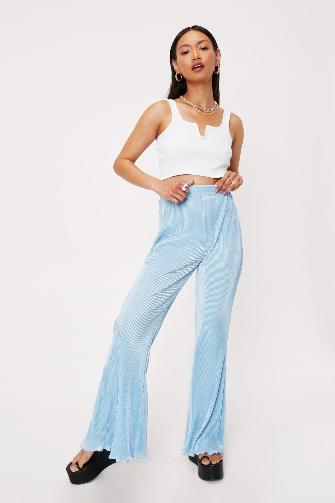 Blue Petite Plisse High Waisted Flared Trousers image number 1