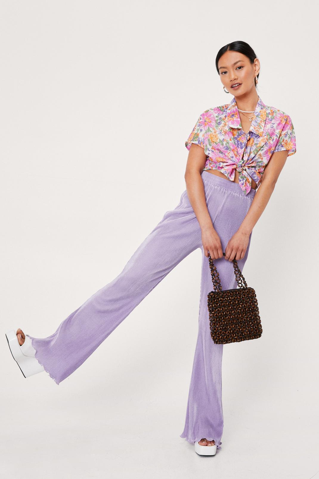 Lilac Petite Plisse High Waisted Flared Pants image number 1