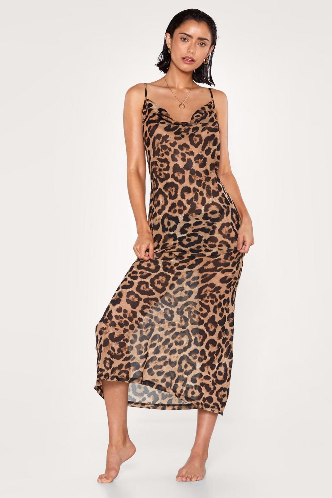 Brown Leopard Print Cowl Neck Beach Cover Up Dress image number 1