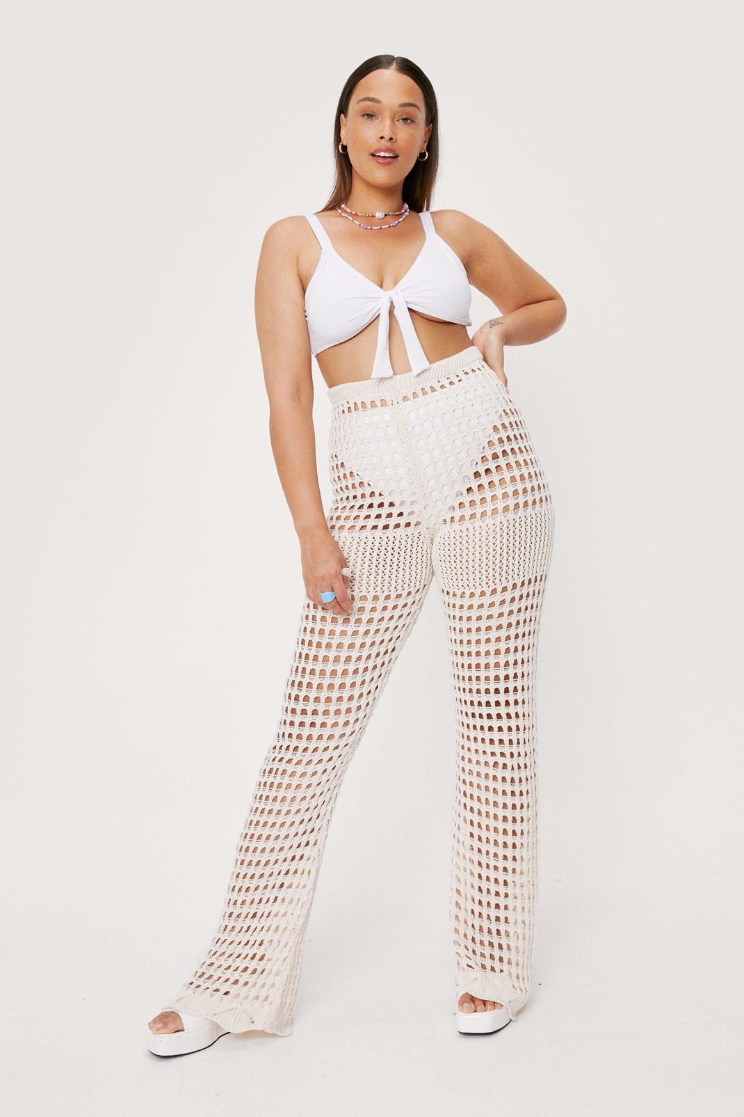 Ecru Plus Size Crochet Beach Cover Up Trousers image number 1