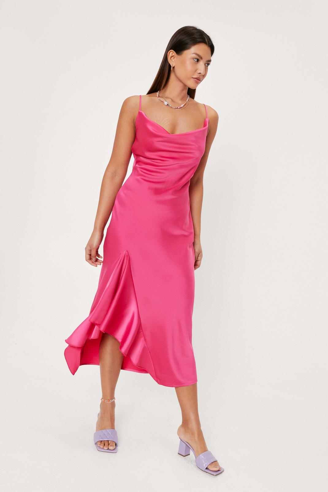 Hot pink Satin Cowl Neck Ruffle Hem Midi Dress image number 1