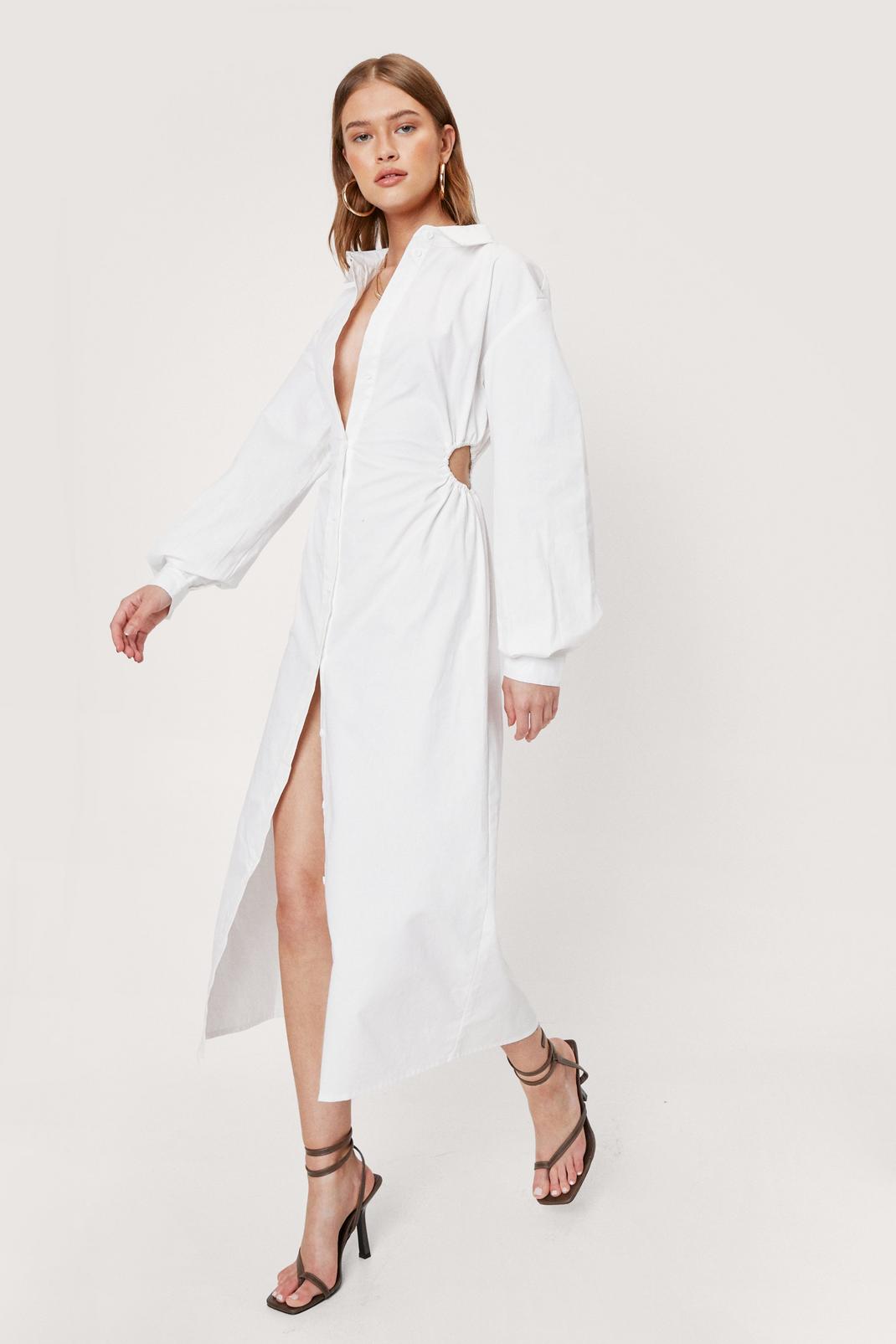 White Cut Out Side Button Down Shirt Midi Dress image number 1