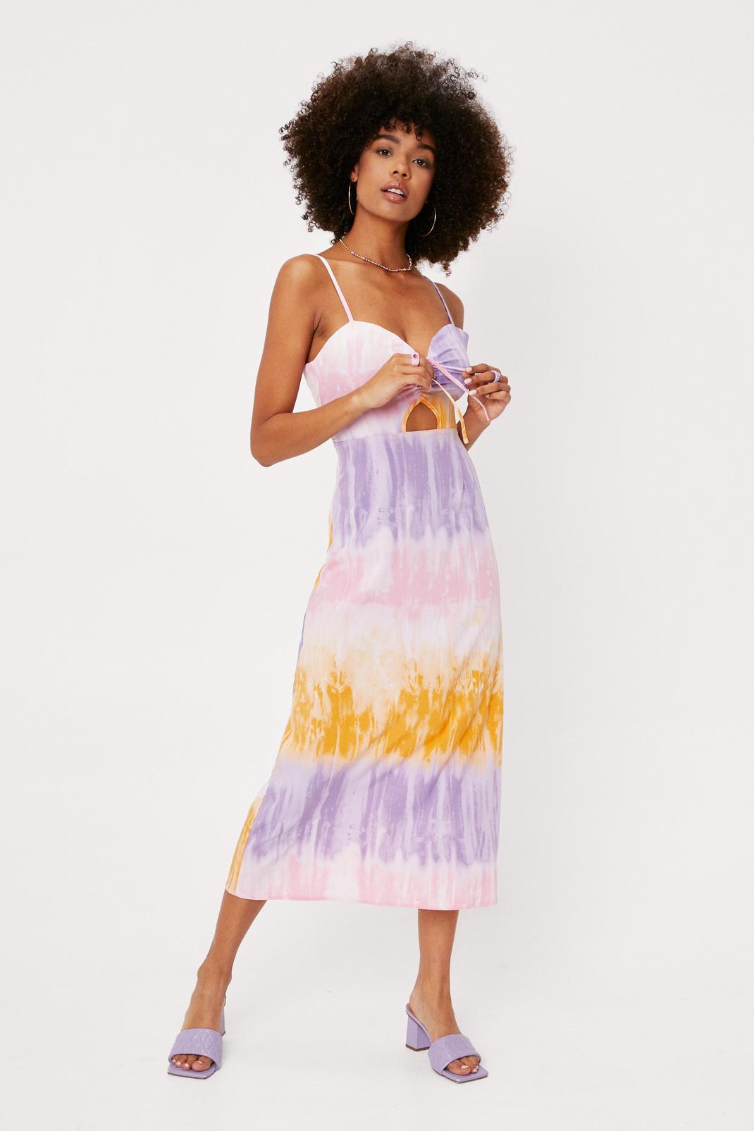 Lilac Tie Front Tie Dye Print Midi Dress image number 1