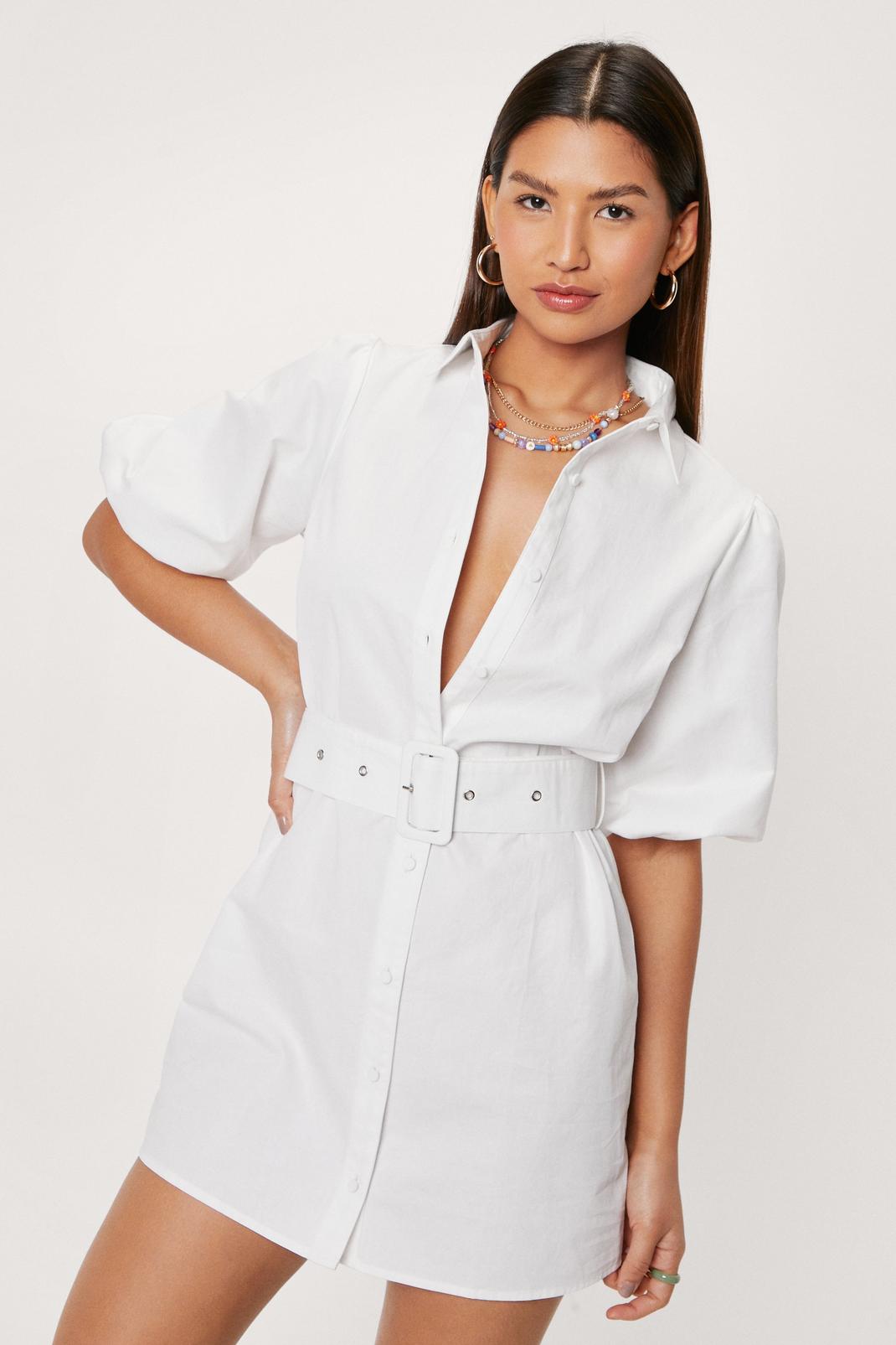 White Belted Poplin Mini Shirt Dress image number 1