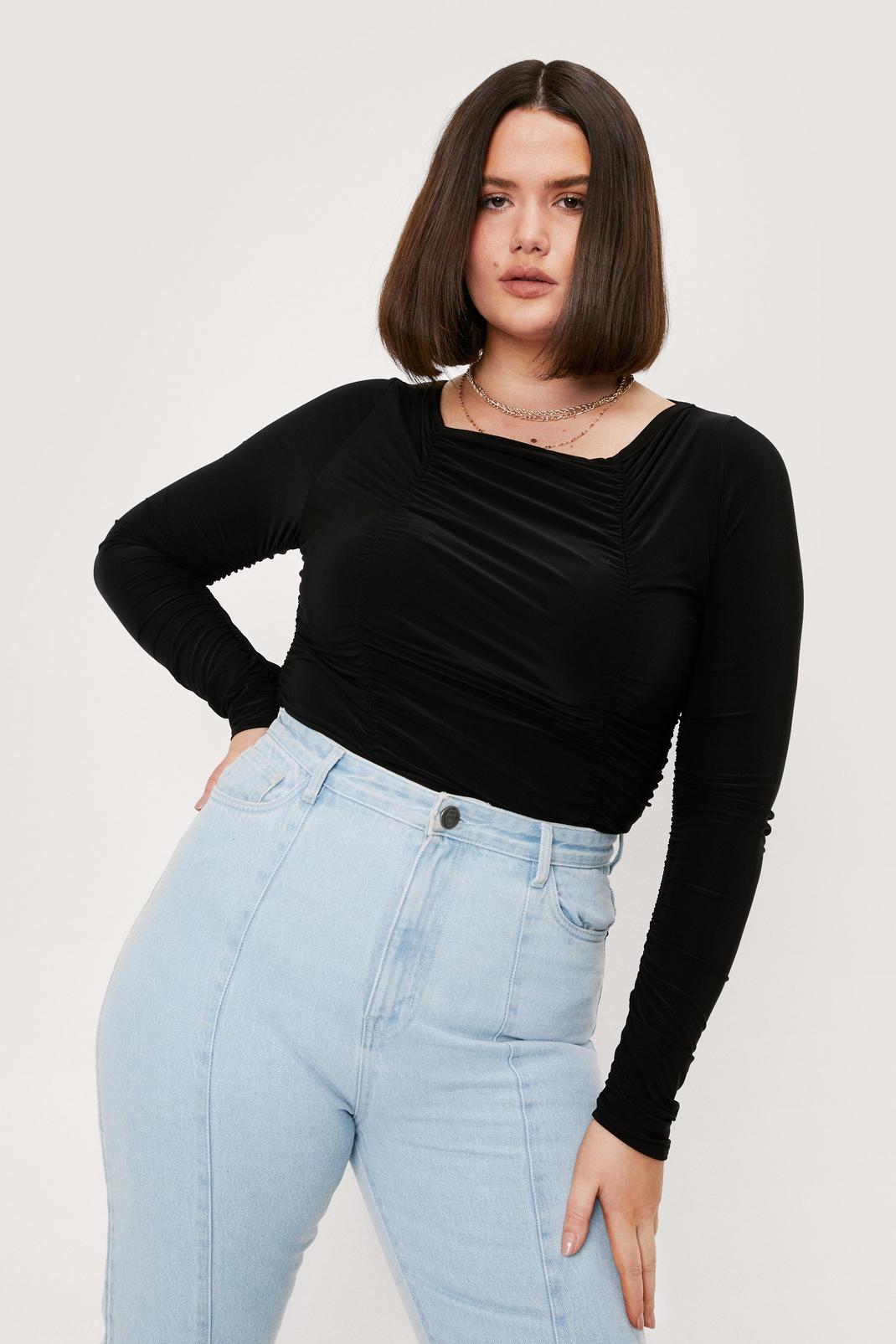 Black Plus Size Ruched Slinky Long Sleeve Top image number 1