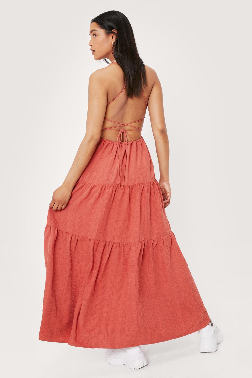 Rust Textured Strappy Back Tiered Maxi Dress image number 1