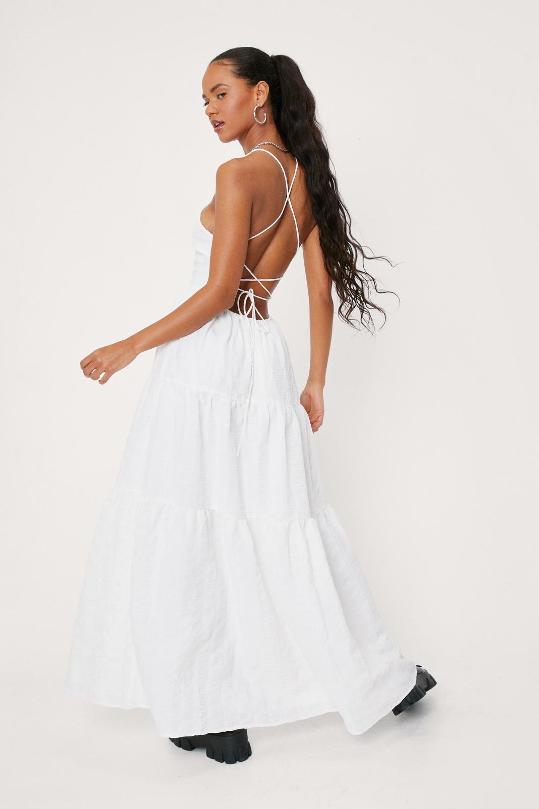 White Textured Strappy Back Tiered Maxi Dress image number 1