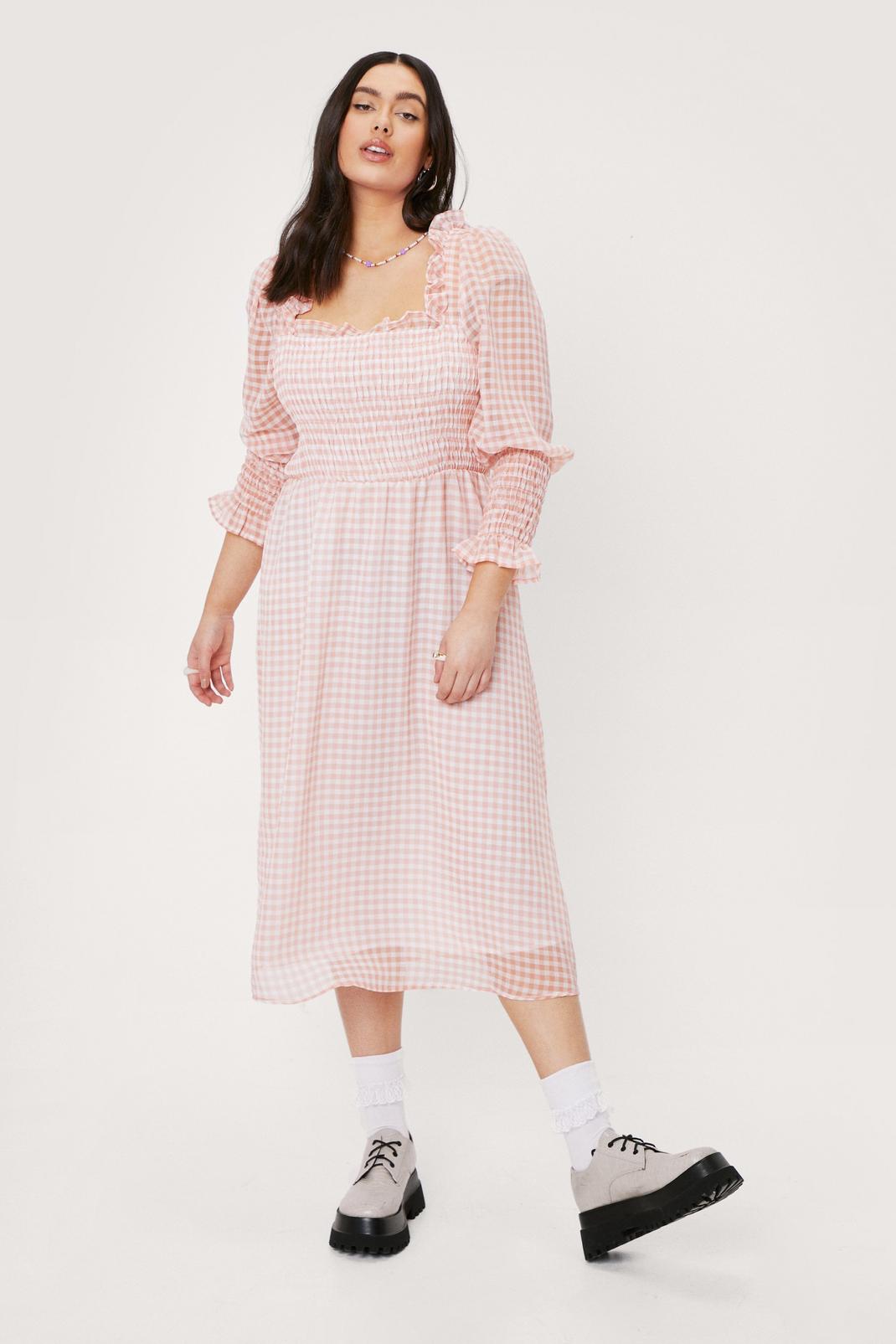 Apricot Plus Size Gingham Shirred Smock Midi Dress image number 1